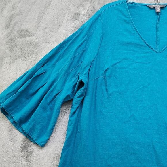 Market & Spruce Top Womens 2X Blue Linen Blend Ashlea Pleated Bell Sleeve V-Neck - Picture 2 of 11